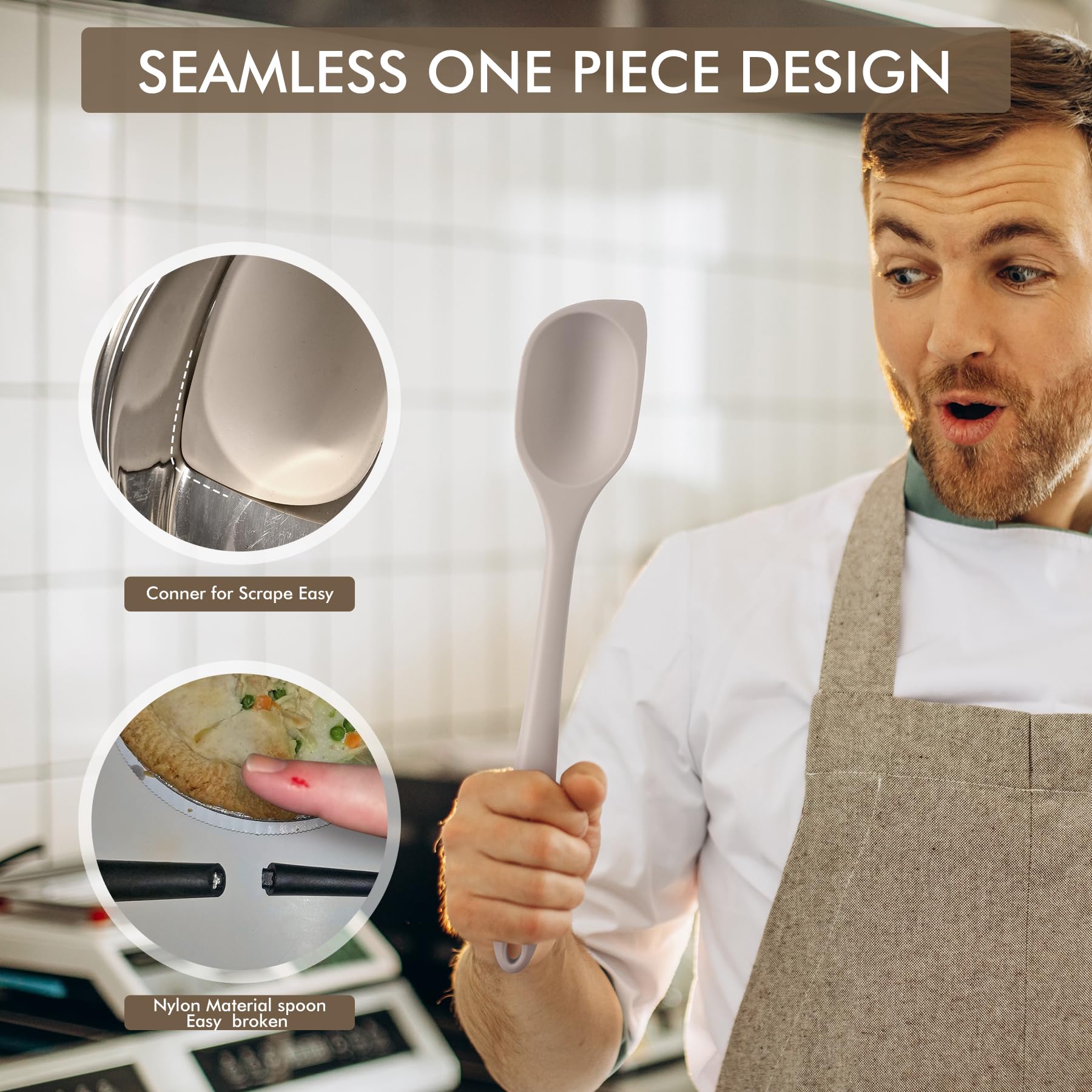 HOTEC Heat Resistant Silicone Cooking Spoon Spatula, Large Kitchen Solid and Slotted Spoons for Mixing, Serving, Scraping, Non-stick, Dishwasher Safe Khaki 12.5inch