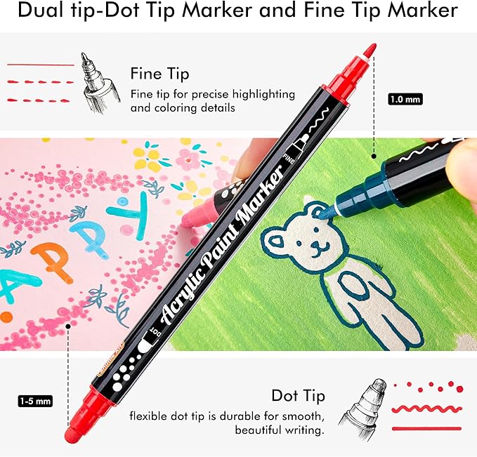 Shuttle Art 36 Colors Dual Tip Acrylic Paint Markers, Dot Tip and Fine Tip Acrylic Paint Pens for Rock, Ceramic, Wood, Canvas, Plastic, Glass, Stone, Calligraphy, Card Making, DIY Football Crafts