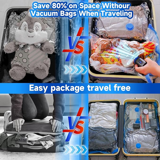 Gyreuni Travel Vacuum Storage Bags Combo Portable Wireless Electric Pump,12 Pack Compression Bags for Travel,Space Saver Vacuum Storage Bags for Clothing and Luggage