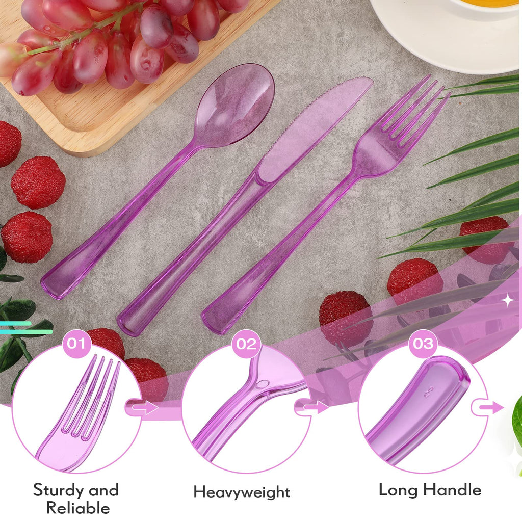 Minatee 150 Pieces Disposable Cutlery Set Plastic Silverware Heavy Duty Utensil Sets 50 Forks 50 Knives 50 Spoons for Home Office School Party Picnics Restaurant Outdoor Events(Purple)