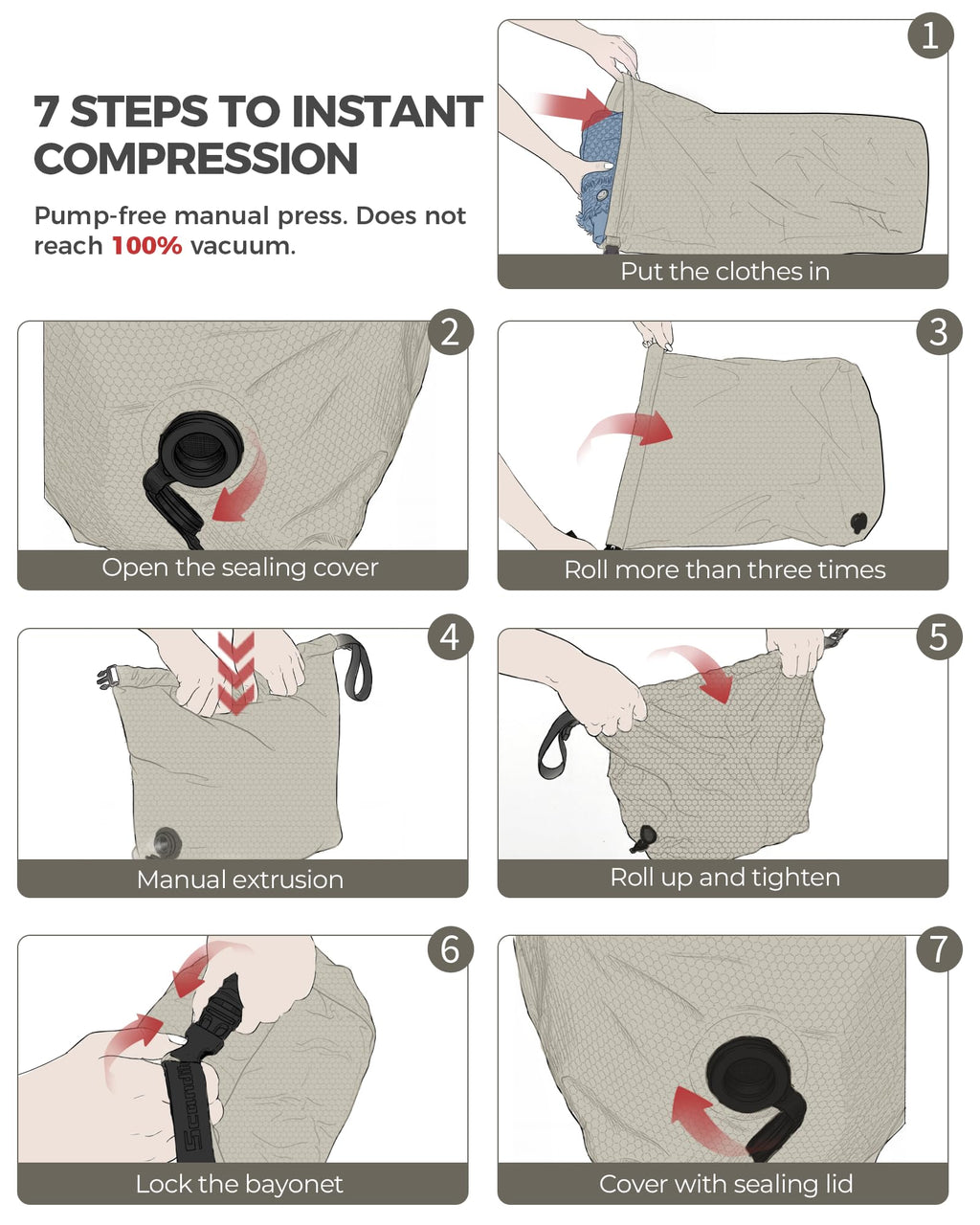 Compression Travel Laundry Bag for Dirty Clothes, Pump-Free Laundry Bag for Suitcase & Dorm, Waterproof Wet Dry Clothes Organizer, Large Capacity Space Saving Travel Bag (1 Pcs)(Gray, L)