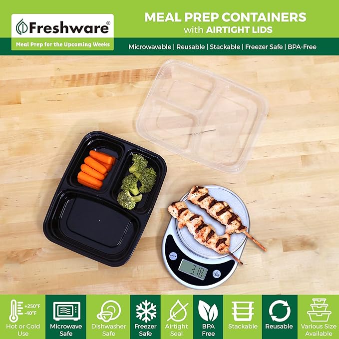 Freshware Meal Prep Containers [21 Pack] 3 Compartment with Lids, Food Storage Containers, Bento Box, Stackable, Microwave/Dishwasher/Freezer Safe (24 oz)