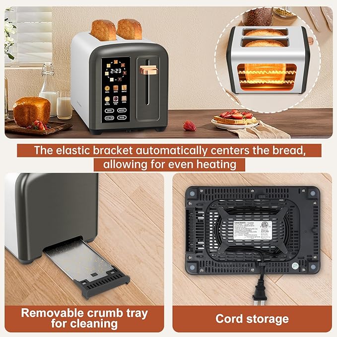 SEEDEEM 2-Slice Touchscreen Toaster, Stainless, 7 Shade, 1350W, Grey