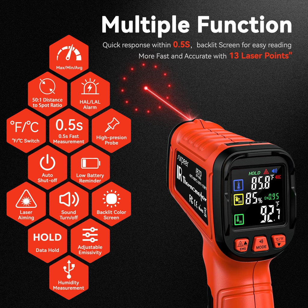 Surpeer Infrared Thermometer Temperature Gun 2732°F 50:1 Pyrometer