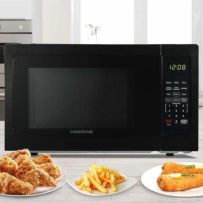 Farberware 1.1 Cu. Ft. Countertop Microwave Oven – 1000 Watts Power, Auto Cook Settings, Defrost, Easy Clean and Child Safety Lock - Black