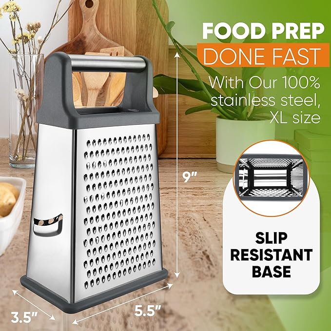 Spring Chef Stainless Steel XL Cheese Grater for Kitchen, Gray