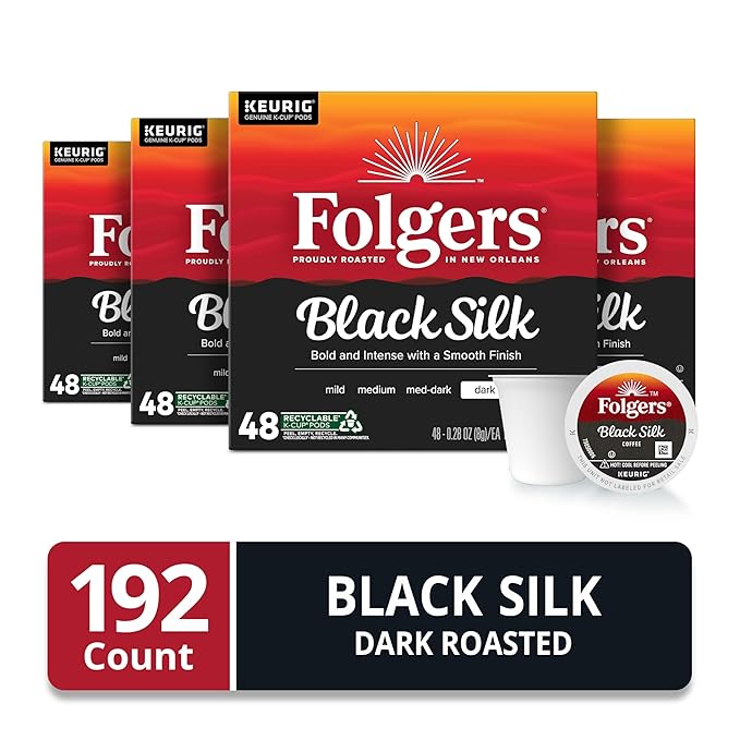 Folgers Black Silk Dark Roast Coffee K-Cup Pods, Bulk 192 Count