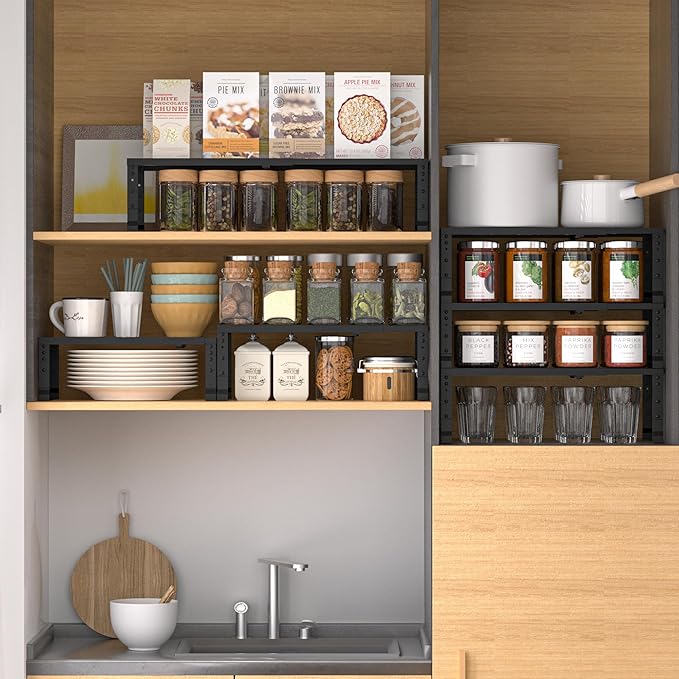 Wobmmi Expandable,Adjustable & Stackable Spice Rack, Cabinet Kitchen Countertop Shelf Organizer,Metal Pantry Storage Shelves - Space-Saving Storage Solution(1Pack/Black/Large)