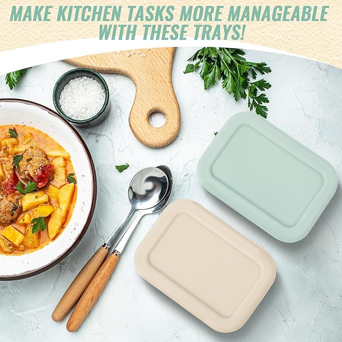 Teenyyou 6 Packs 2 Cup Silicone Soup Freezer Molds with Lid Silicone Soup Freezer Trays Rectangle Reusable Food Preserving Tray Freezing Sauces Stews(Sage Green, Beige)