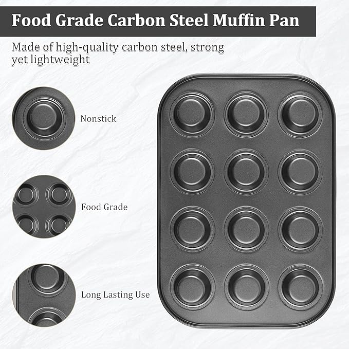 Audingull Mini Muffin Pan 2-Pack, Premium Small Cupcake Pans, Carbon Steel 12-Cup Muffin Tin, Versatile Non-Stick Bakeware