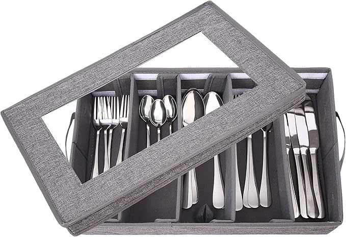 Lafulling Silverware Storage Box, Flatware Storage with Adjustable Dividers