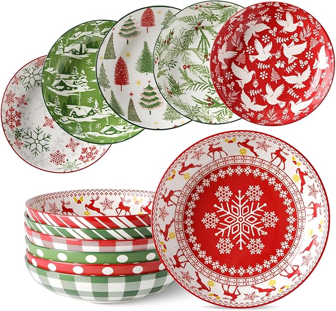 Metahom Christmas Pasta Bowl Set, 8 Inch Salad Serving Bowl, Wide and Shallow Bowl Plate for Kitchen, Dishwasher and Microwave Safe, Set of 6