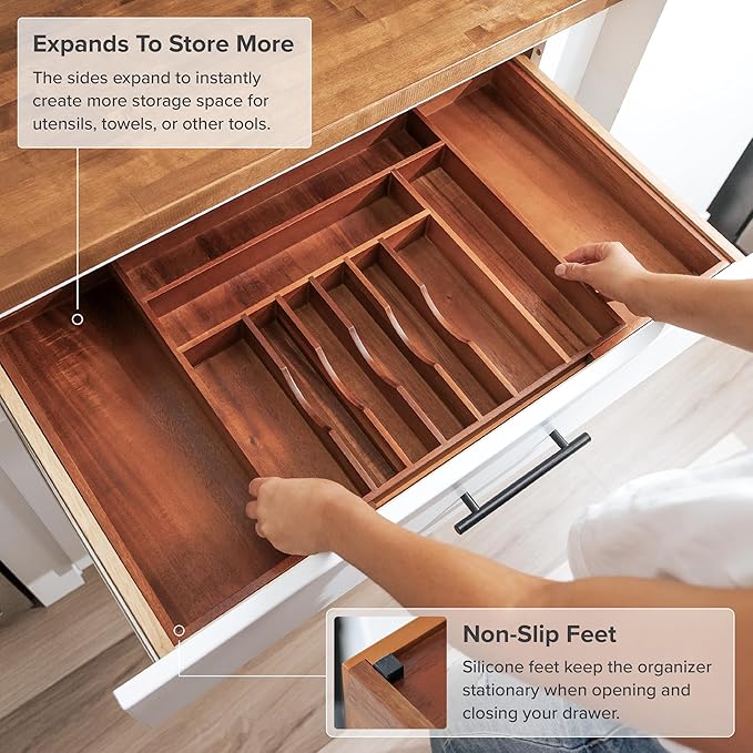 KitchenEdge Silverware & Utensil Drawer Organizer, 18-33 in, Acacia