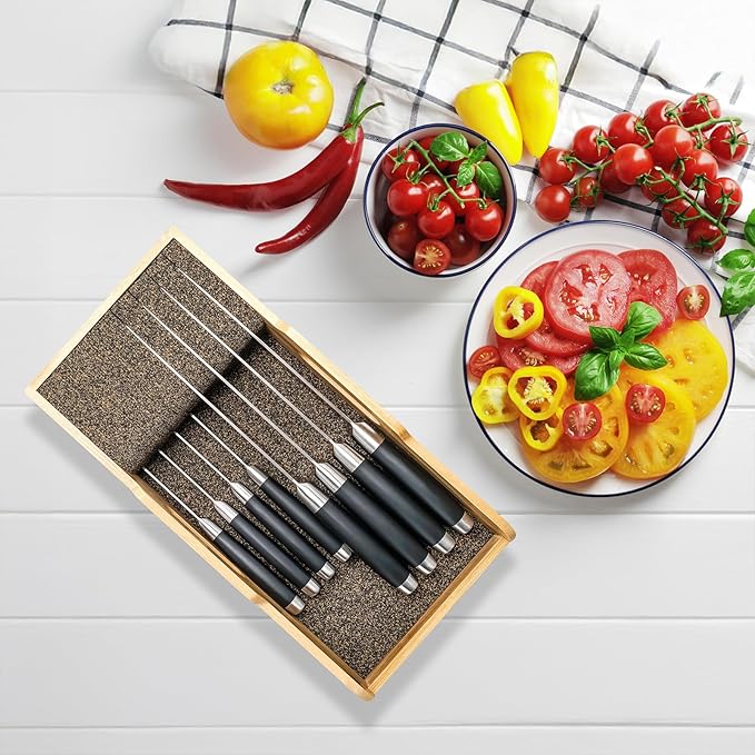 Mospten Bamboo Knife Drawer Organizer Insert - Kitchen In-Drawer Knife Block Holder, Flexible Dividers for Knives Organization
