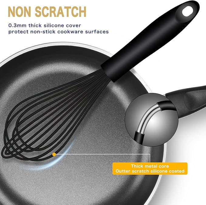 OYV Dishwasher Safe Silicone Whisk, Sealed Waterproof Design Set of 3, Professional Kitchen Whisks for Cooking Non-Scratch, Silicone & Stainless Steel Whisk, Heat Resistant Balloon Egg Beater, Black