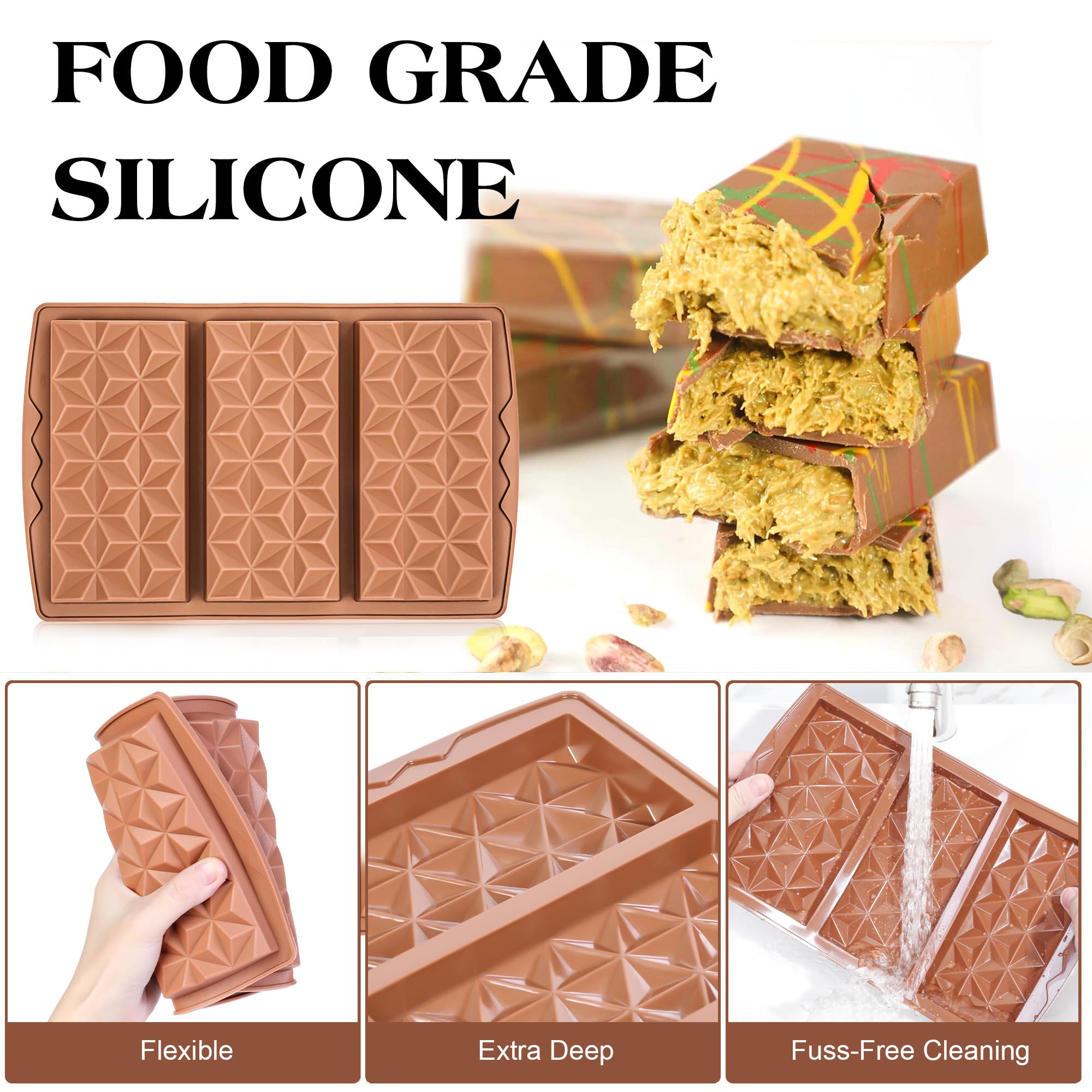 Fimary 2 Pcs Chocolate Bar Mold Deep Silicone Large Chocolate Molds Break Apart Pyramid Shape Thick Candy Bar Molds