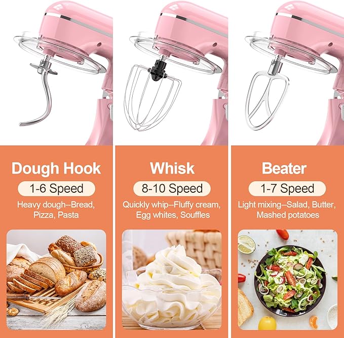 CEBORY 3-IN-1 Electric Stand Mixer, 6.5QT Bowl 660W 10-Speed Kitchen Mixer, Household Food Mixers include Dough Hook, Beater and Whisk, Bread Cake Mixer for Baking and Most Home Cooks, Pink