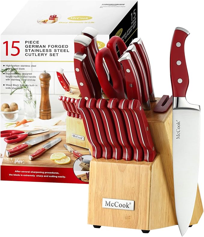 McCook Knife Set Red Kitchen Knife Block Set w Built-in Sharpener