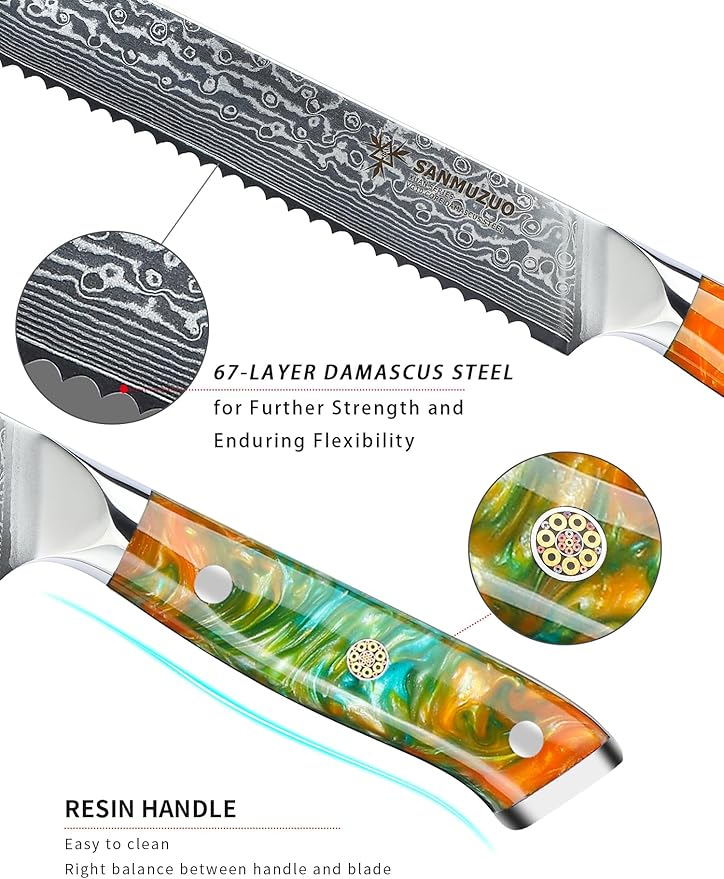 SANMUZUO 8” Bread Knife Serrated Kitchen Chef Knife - Damascus Steel & Resin Handle - Xuan Series(Fantasy Orange)