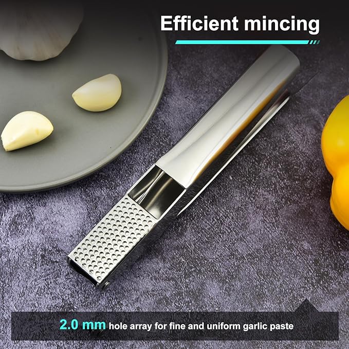 MEIAGO Garlic Press, Stainless Steel Garlic & Ginger Crusher, with Built-In Cleaner, Rust Resistant, No Peel, Large Capacity, Easy Clean，Dishwasher Safe，Silver