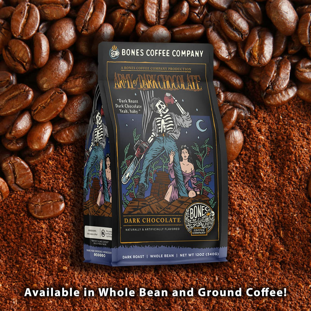 Bones Coffee Company Army of the Dark Chocolate Flavored Coffee, Medium Roast Low Acid Arabica Beans Compatible with Auto drip and French Press Coffee Maker, 12 Oz Ground