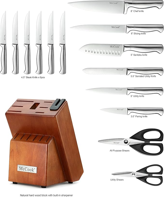 McCook Kitchen Knife Set 15PC Knife Block Set w Built-in Sharpener