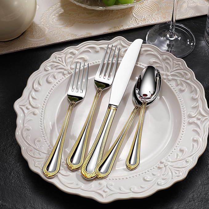 KEAWELL Premium Pearl Edge 20/45/65-Piece Silverware Set (45, Gold Accent)