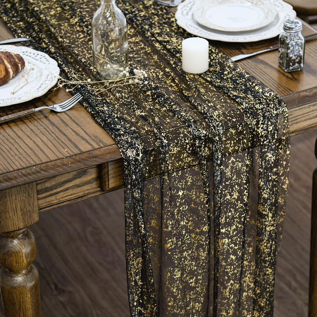 Artoid Mode 6Pcs Black Gold Gauze Table Runner 120 Inch 10FT, Glitter Metallic Foil Sheer Dining Wedding Anniversary Holiday Birthday Table Decor for Home Party