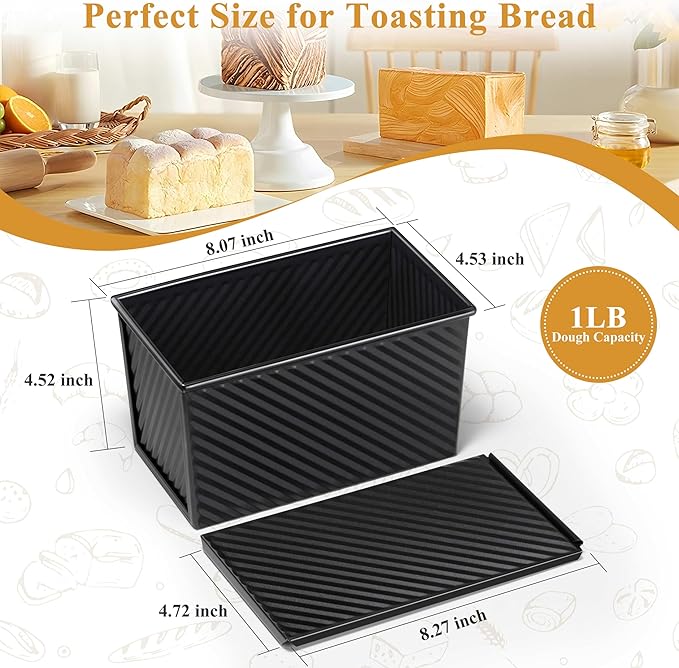 LIANYU 2 Pack Pullman Loaf Pan with Lid, 1 Pound Dough Bread Loaf Pans