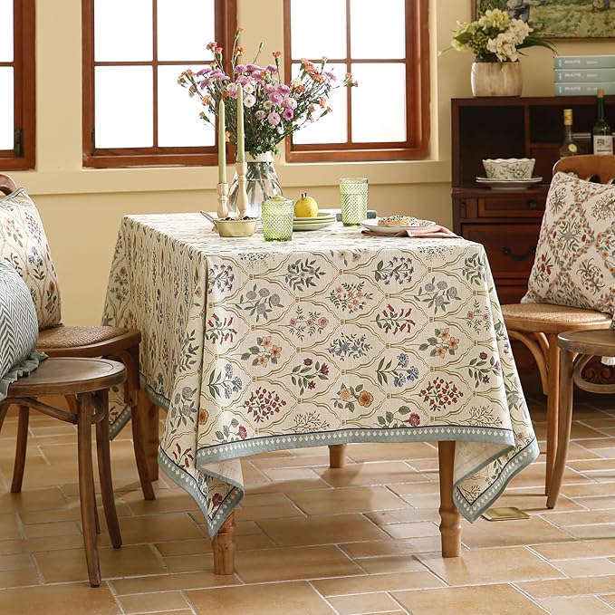 ISAENNE Designer Vintage Linen Rectangular Tablecloth,79"x55"-Serenity B