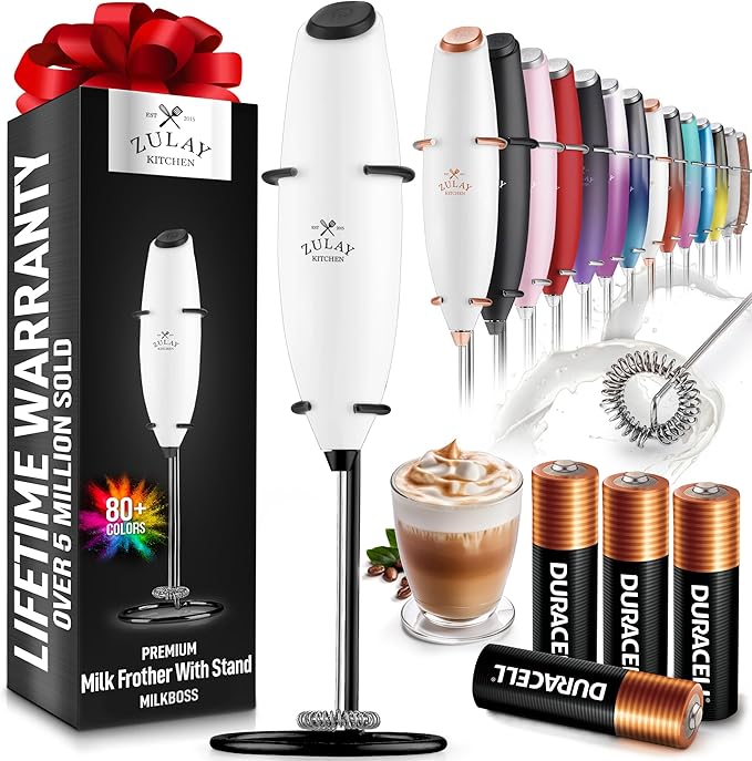 Zulay Kitchen Powerful Milk Frother Wand With Duracell Batteries - Ultra Fast Handheld Drink Mixer - Electric Whisk Foam Maker for Coffee, Lattes, Cappuccino & Matcha - Z1 Motor - White & Black