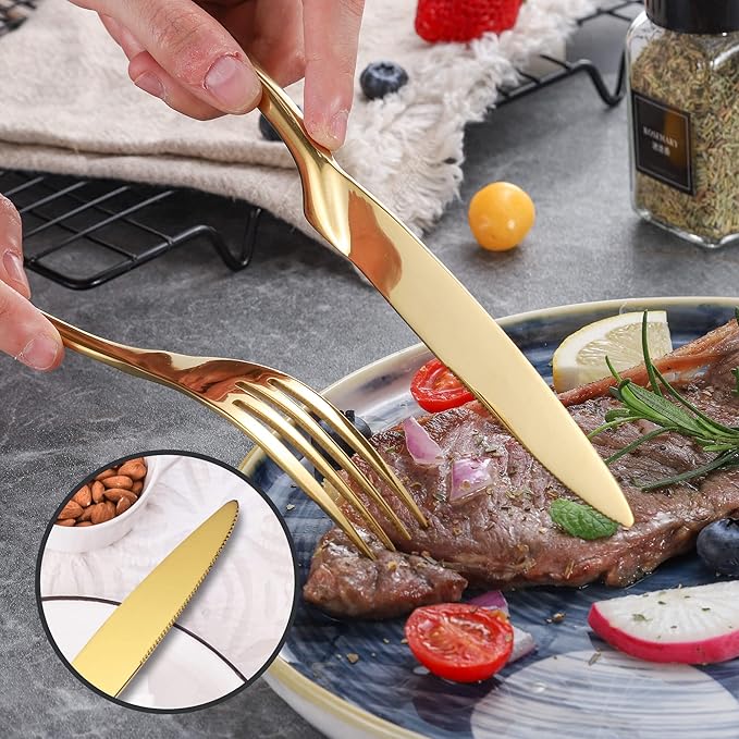 Lemeya 24 Pieces Gold Silverware Set for 6,Heavy Duty 18/10 Stainless Steel Flatware Set with Forged Stand Knife,Modern Cutlery Utensil Set,Mirror Polished,Dishwasher Safe
