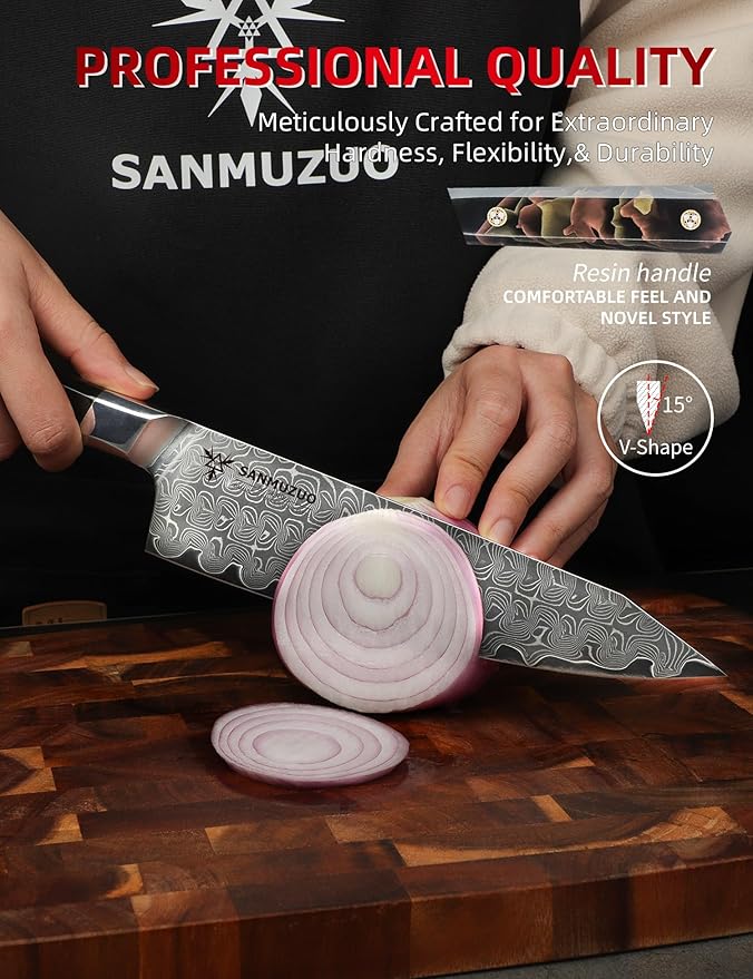 SANMUZUO Kitchen Chef Knife 8 Inch, Professional Kitchen Knife, Ultra Sharp Damascus Powder Steel with Full-tang Resin Handle, Bi Series