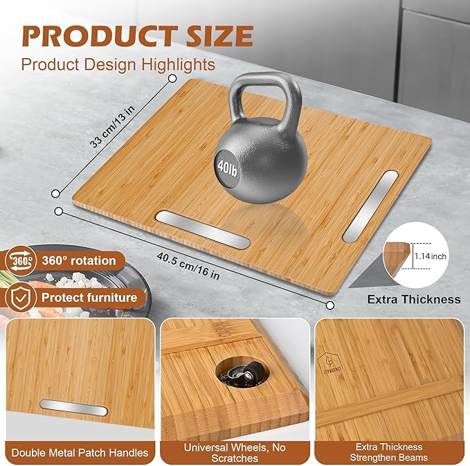 Joy&Grace Appliance Slider for Kitchen Appliances 360° Rolling Sliding Tray for Coffee Maker Countertop, Bamboo Coffee Pot Slider Rolling Tray with Universal Rollers (Natural, Large 16"x13")