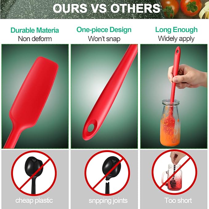 Long Handle Silicone Jar Spatula Kitchen Scraper Spatula Non-Stick Rubber Silicone Scraper for Jars, Smoothies, Blenders Cooking Baking Stirring Mixing(Red,2 Pieces)
