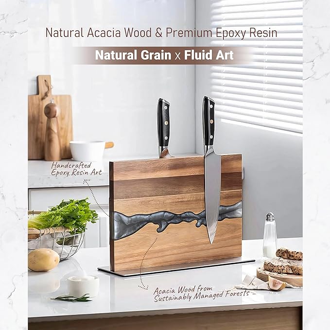 Magnetic Knife Block for Countertop, Strong Magnetic Knife Holder Stand, Acacia Wood & Epoxy Resin Organizer for Kitchen Knives, Gift for Cooks