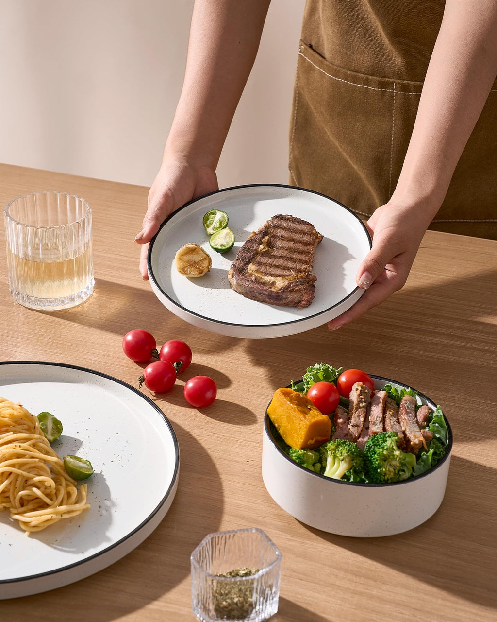 Famiware Nebula 18-Piece Dinnerware Set, White with Black Rim