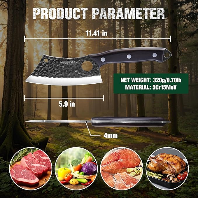 Mossy Oak Meat Cleaver Knife, Butcher Knife with Genuine Leather Sheath, Hand Forged Kitchen Knife Full Tang Handle for Meat and Vegetable Cutting, Outdoor Cooking, Camping and BBQ