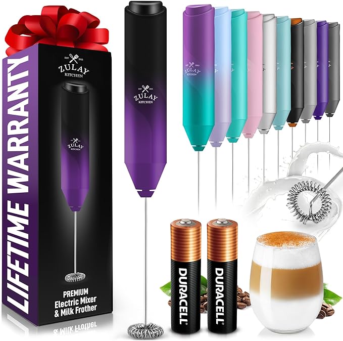 Zulay Kitchen Powerful Milk Frother AA Batteries Included – Ultra Fast Handheld Drink Mixer with Stainless Steel Whisk Stirrer for Coffee, Protein, Matcha & More, Frother Wand Electric Frothmate