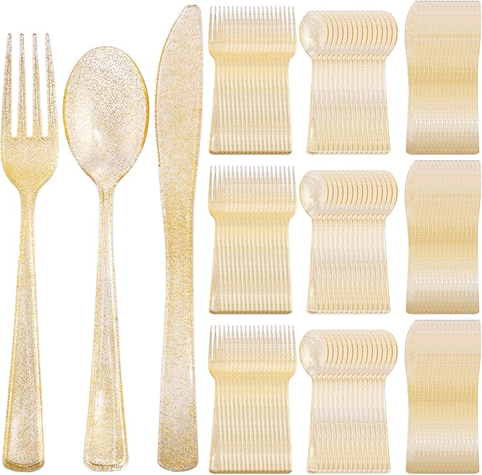 Supernal 300pcs Gold Glitter Plastic Silverware, Disposable Cutlery Set