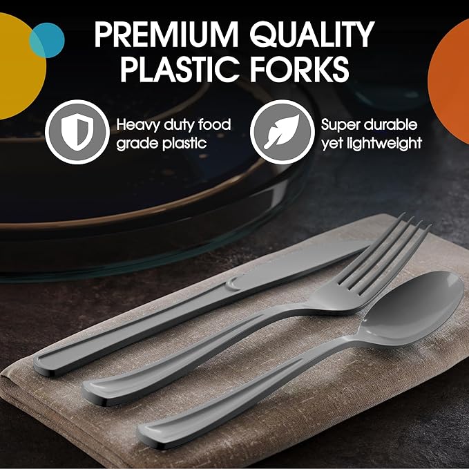 Party Solids Silver Plastic Silverware Heavy Duty 150 Pieces Silver Disposable Silverware Heavy Duty, Utensil Sets, 50 Of Each Forks, Knives & Spoons Disposable Cutlery Set For Party Supplies