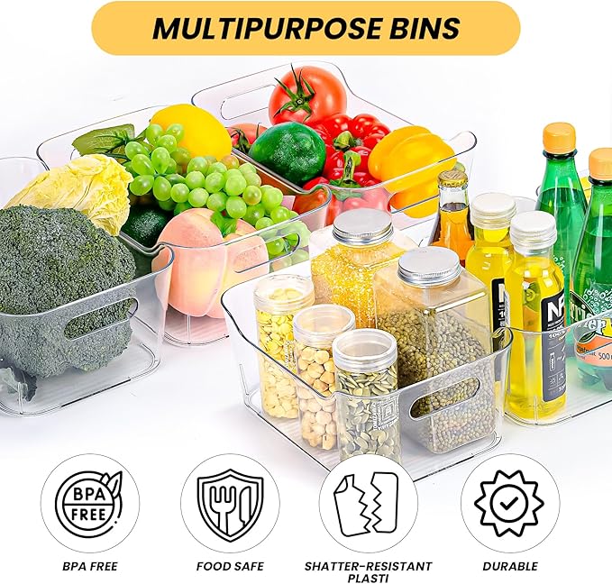 CiWiVOKi 12 Pack Clear Plastic Storage Bins, Acrylic Organizer and Containers with Handle for Pantry, Cabinet, Closet, Refrigerator, Freezer, Bathroom, Kitchen Under Sink Storage