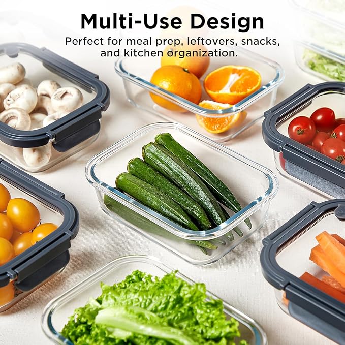 Spreccio Glass Food Storage Containers with Lids, 5 Pack of 36oz, Glass Meal Prep Container with Airtight Lids, Microwave Safe Food Container Set, BPA Free, LeakProof, Ideal for Lunch