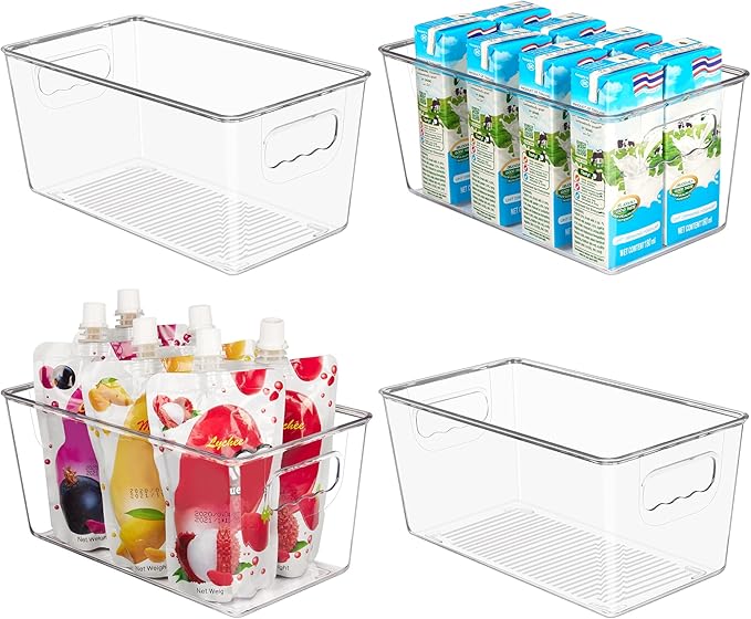 YIHONG 4 Pack Clear Storage Bins, Pantry Organizer Bins with Handle, Small