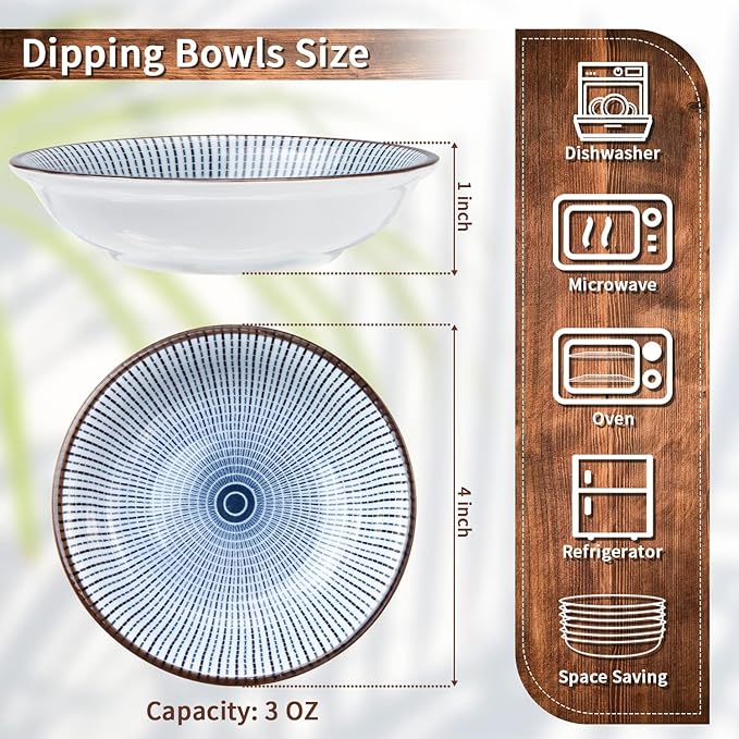 Eisinly 6 Pack Dipping Bowls,3 OZ Small Ceramic Soy Sauce Dish,Vintage Blue