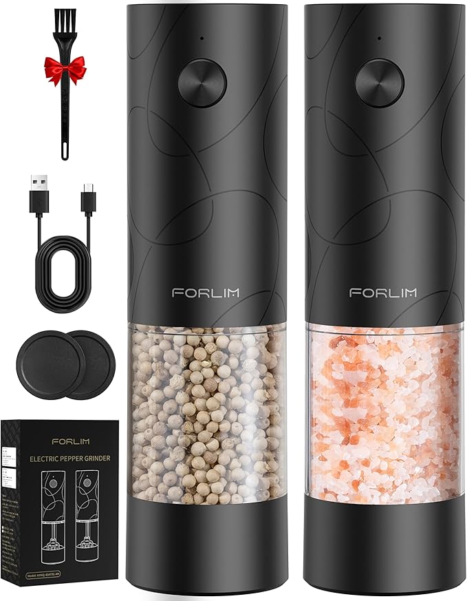 FORLIM Electric Salt & Pepper Grinder Set, Rechargeable 2 Pack, Dual Black
