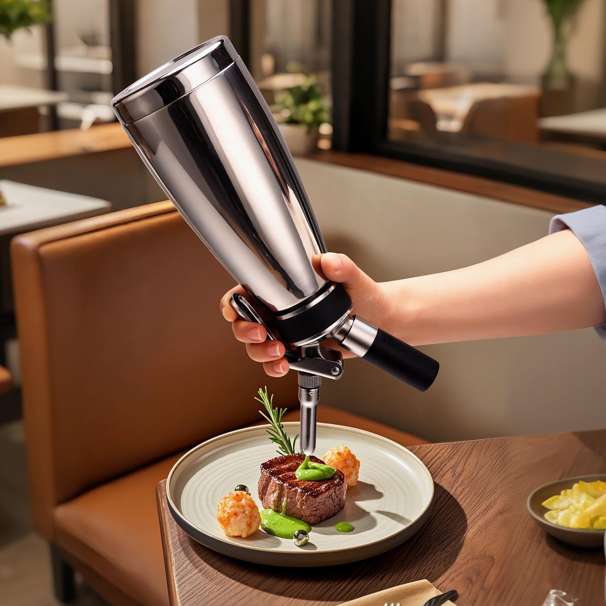 Whipped Cream Dispenser Stainless Steel Keep Warm and Cold,500mL/1 Pint Double Wall Thermos Whipped Cream Maker,5 Various Stainless Decorating Nozzles,1 Cleaning Brush,N2O Chargers NOT Included