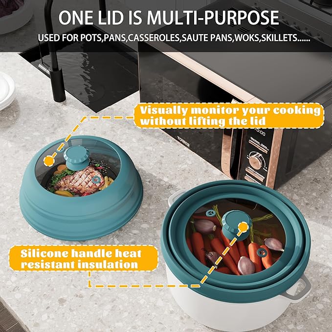 Microwave Splatter Cover, Vented Silicone & Glass Anti-Splatter Lid with Handle, Collapsible Food Plate Cover Fits 6–11 Inch Plates and Bowls (Blue, 11.8inch)