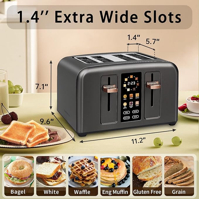 SEEDEEM Touchscreen Toaster 4 Slice, 7 Shade, Stainless, 1800W Dark Metallic