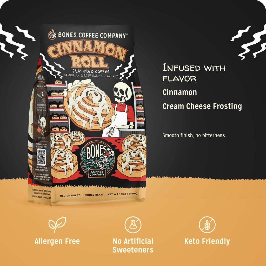 Bones Coffee Company Cinnamon Roll Flavored Coffee, Medium Roast Low Acid Arabica Beans Compatible with Auto drip and French Press Coffee Maker, 12 Oz Ground
